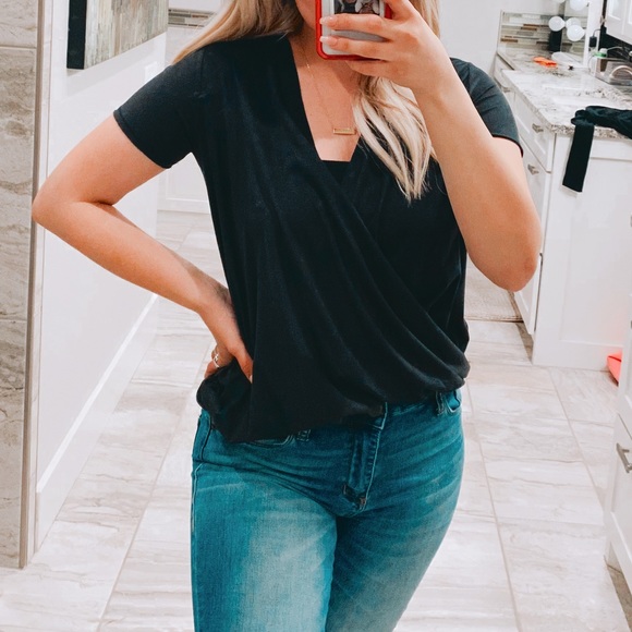 Tops - black surplice short sleeve top